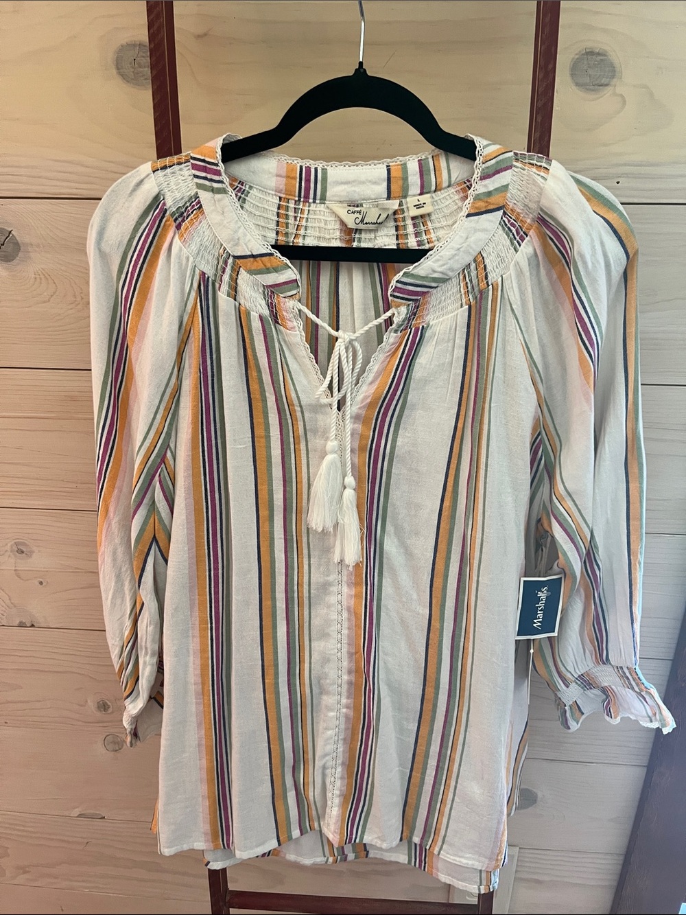 Maurices Women’s White Striped Peasant Blouse with Mustard & Purple Accents